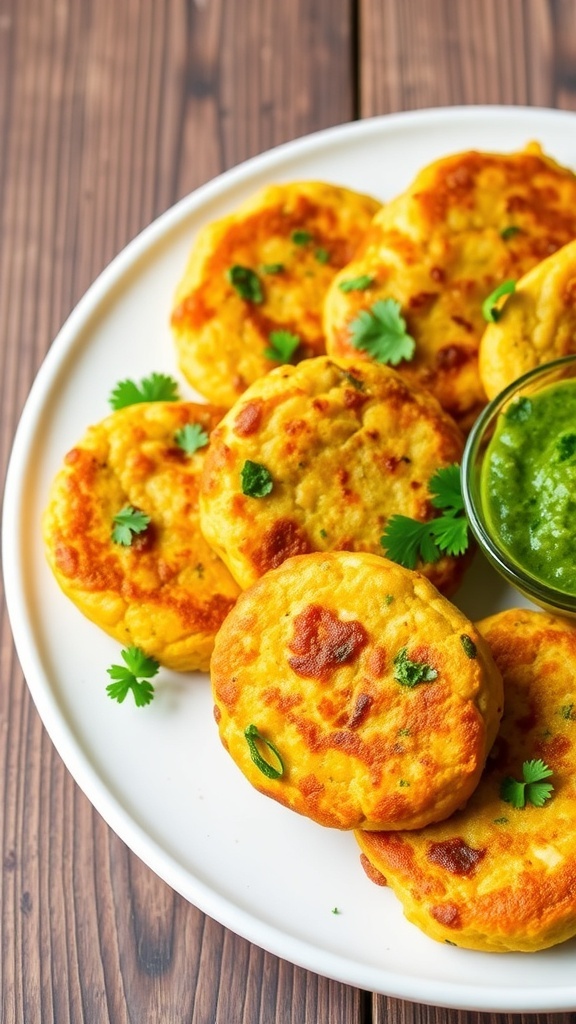Crispy Indian vegetable patties served with mint chutney on a rustic plate.
